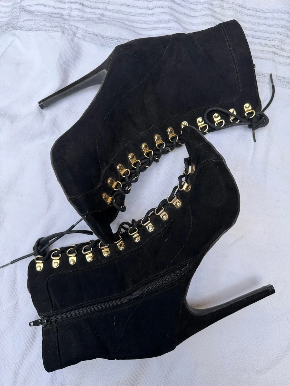 Wild Diva Black Lace-Up Peep Toe Stiletto Booties with Gold Eyelets - Picture 6 of 6